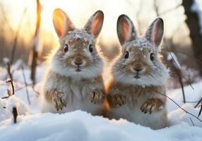 ai generado liebres posando en el Nevado bosque. invierno tiempo. foto