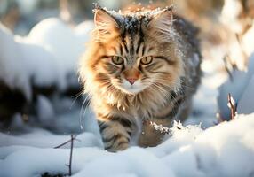 ai generado gatito en Nevado suelo. invierno hora foto