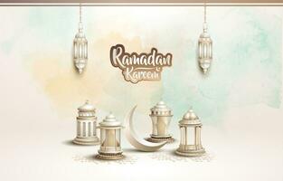 islamic greeting ramadan kareem card design background with beautiful lanterns and crescent vector