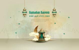 islamic greetings ramadan kareem card design background with beautiful crescent and lantern vector