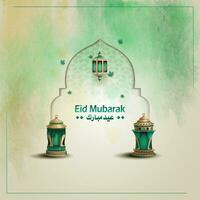 Islamic greetings eid mubarak card design with three lantern vector