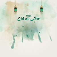 Islamic greetings eid al fitr card design with watercolor background and lanterns vector