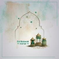 Islamic greetings eid mubarak card design with beautiful lanterns vector