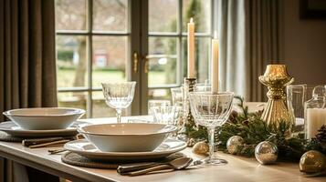 ai generado Navidad fiesta familia desayuno, mesa ajuste decoración y festivo paisaje de mesa, Inglés país y hogar peinado foto