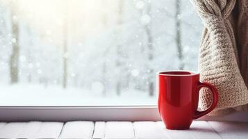 ai generado invierno vacaciones, calma y acogedor hogar, rojo taza de té o café jarra y de punto cobija cerca ventana en el Inglés campo cabaña, fiesta atmósfera foto