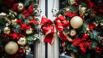 ai generado Navidad decoración detalles en Inglés estilizado lujo alto calle ciudad Tienda puerta o compras ventana mostrar, fiesta rebaja y tienda decoración foto