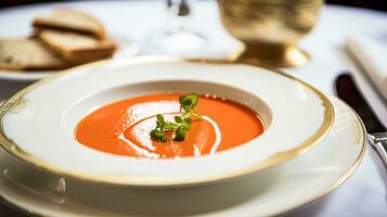 AI generated Tomato cream soup in a restaurant, English countryside exquisite cuisine menu, culinary art food and fine dining photo