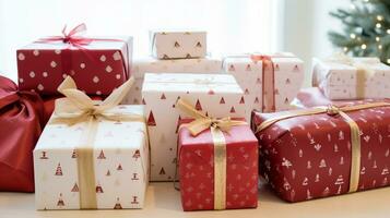 AI generated Christmas gift wrapping idea for boxing day and winter holidays in the English countryside tradition photo