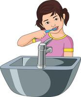 Cute girl brushing her teeth with a toothbrush in front of wash basin vector