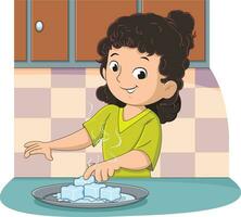 Cute girl touching ice cubes with hand vector illustration