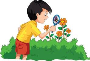 Curious boy looking a the butterfly with magnifying glass vector