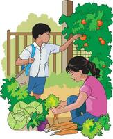 Girl collecting vegetables and boy holding tomatoes vector