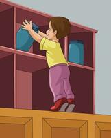 Vector illustration showing a boy standing on the shelf and picking jar