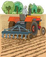 hombre sentado en su tractor y arada el campo vector