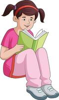 linda niña sonriente y leyendo un libro vector