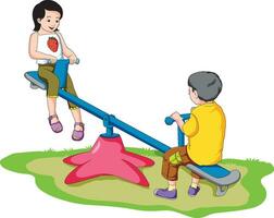 Boy and girl enjoying on the see saw vector