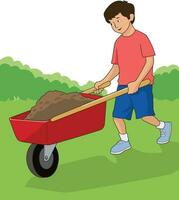 Cute boy carrying soil in a container vector