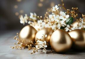 AI generated Golden easter eggs with flowers background photo