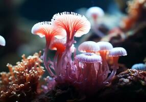 ai generado vistoso anémonas en el océano. submarino vida. foto