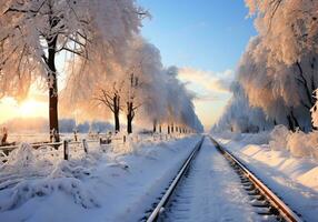 ai generado nieve cubierto ferrocarril línea en invierno paisaje foto