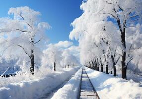 AI generated Snow covered railway line in winter landscape photo