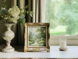 AI generated Vintage art frame in the elegant interior, wall and home decor photo