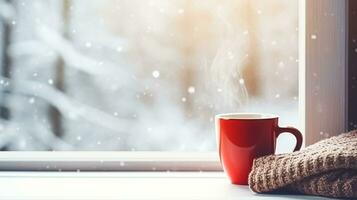 ai generado invierno vacaciones, calma y acogedor hogar, rojo taza de té o café jarra y de punto cobija cerca ventana en el Inglés campo cabaña, fiesta atmósfera foto