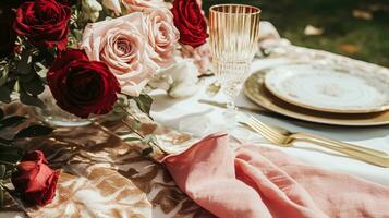 AI generated Wedding and event celebration tablescape with flowers, formal dinner table setting with roses and wine, elegant floral table decor for dinner party and holiday decoration, home styling photo