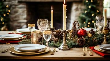 mesa decoración, fiesta paisaje de mesa y formal cena mesa ajuste para Navidad, Días festivos y evento celebracion, Inglés país decoración y hogar peinado foto