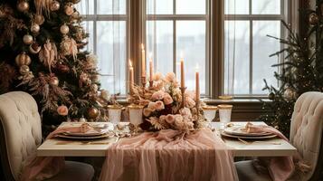 AI generated Table decor for festive family dinner at home, holiday tablescape and table setting, formal for wedding, celebration, English country and home styling photo