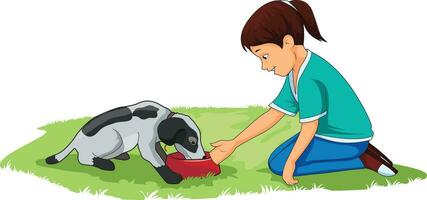 Cute girl feeding milk to a puppy vector