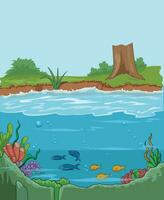 Nature illustration showing fishes swimming in lake and a cutted tree vector