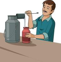 A milkman taking out milk from the container and putting it into another jar vector