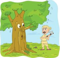 Man trying to cut a tree with an axe while looking fiercely at the tree vector