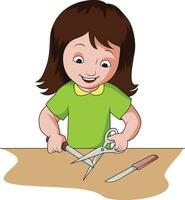 Girl playing with sharp objects scissors, knife vector illustration