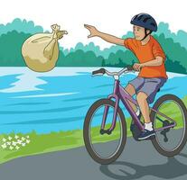 Young boy throwing garbage sack in the river vector