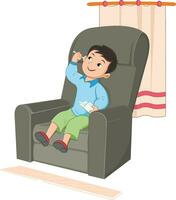 Naughty boy sitting on the sofa and putting pencil in his ears vector illustration