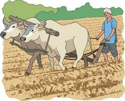 Farmer ploughing the fields with bullock cart vector