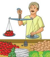 A greengrocer measuring tomatoes using a measuring scale with different vegetables placed on the counter vector