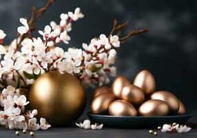 AI generated Golden easter eggs with flowers background photo