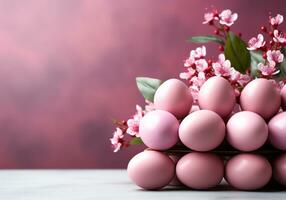 ai generado rosado Pascua de Resurrección huevos con flores antecedentes foto