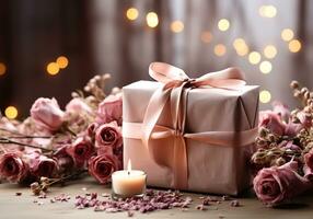 ai generado romántico imagen de un regalo y seco rosas para invitación tarjeta o otro usos. enamorado día foto