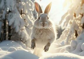 ai generado liebre corriendo en Nevado bosque. invierno hora foto