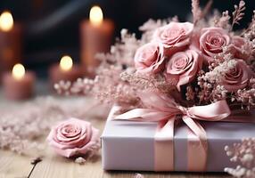 AI generated Romantic image of a gift and dried roses for invitation card or other uses. Valentine Day photo