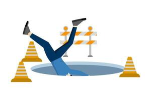 concept of loss or trap. businessman falls into a hole. Failure or error leads to discouragement, disaster, business danger or accident, problems, difficulties or risk of crisis or recession. vector