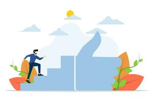 concept of steps to success and achieving goals, businessman climbing the ladder to get a thumbs up or stages of success, career improvement or development, ladder of success to achieve achievement. vector