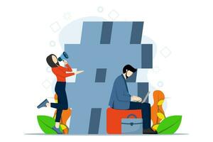 Hashtag SEO Concept Showing how hashtag keywords have been planned for good SEO, Group of people with hashtag icon, social media marketing concept. Flat Vector Illustration on white background.