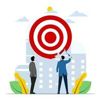 KPI concept, key performance indicators or setting and achieving goals, Goals, setting goals or business targets, ambitious businessman using paint roller to paint dartboard, archery target. vector