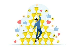 appreciation concept, congratulations to successful businessman with thumbs up, Reward high performing employees, good job or praise successful staff, awards or applause, stacked trophies. vector