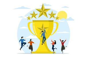 Competition or achievement trophy concept. golden cup achievement award winning program, excellence award, customer loyalty marketing program, happy businessman with giant trophy. vector illustration.